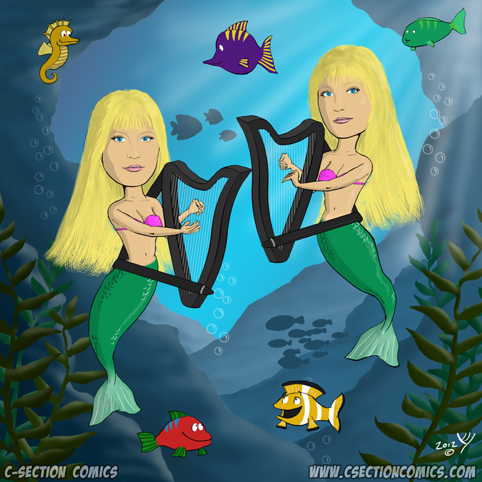Harp Twins Caricature - Camille and Kennerly as Mermaids