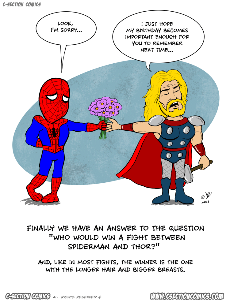 Spider-Man vs. Thor - a cartoon by C-Section Comics