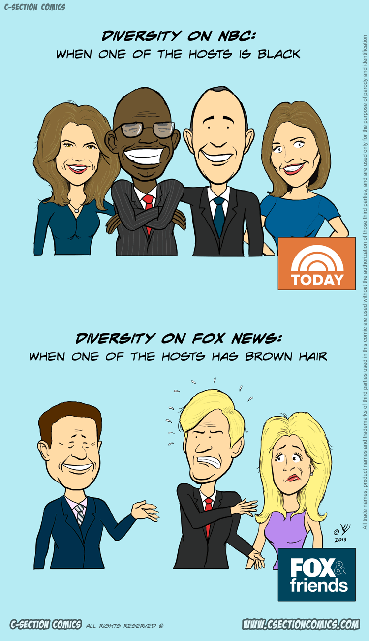 Diversity in NBC vs Fox News - cartoon by C-Section Comics