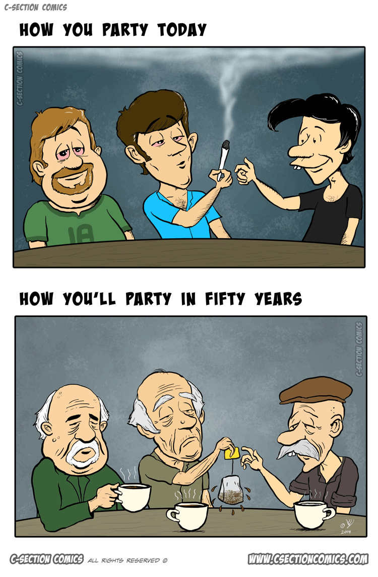 How You Party Today vs. in Fifty Years - Cartoon by C-Section Comics